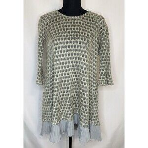 A' reve Knit 3/4 Bell Sleeve Boho Beige Green Bow Sheer Pleated Women's SMALL‎